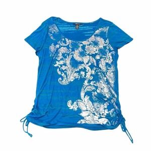 STYLE & Co Blue & Metallic Silver Graphic Short Sleeve Cinched Tie Waist Blouse